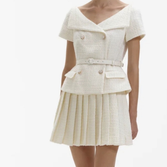 NEW Self-Portrait Boucle Pleated Mini Dress Ivory White Tweed Structured - Picture 4 of 10